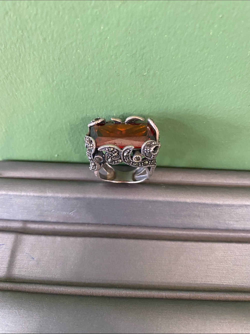 Vintage-Style Amber Stone Silver Ring - Women Jewelry